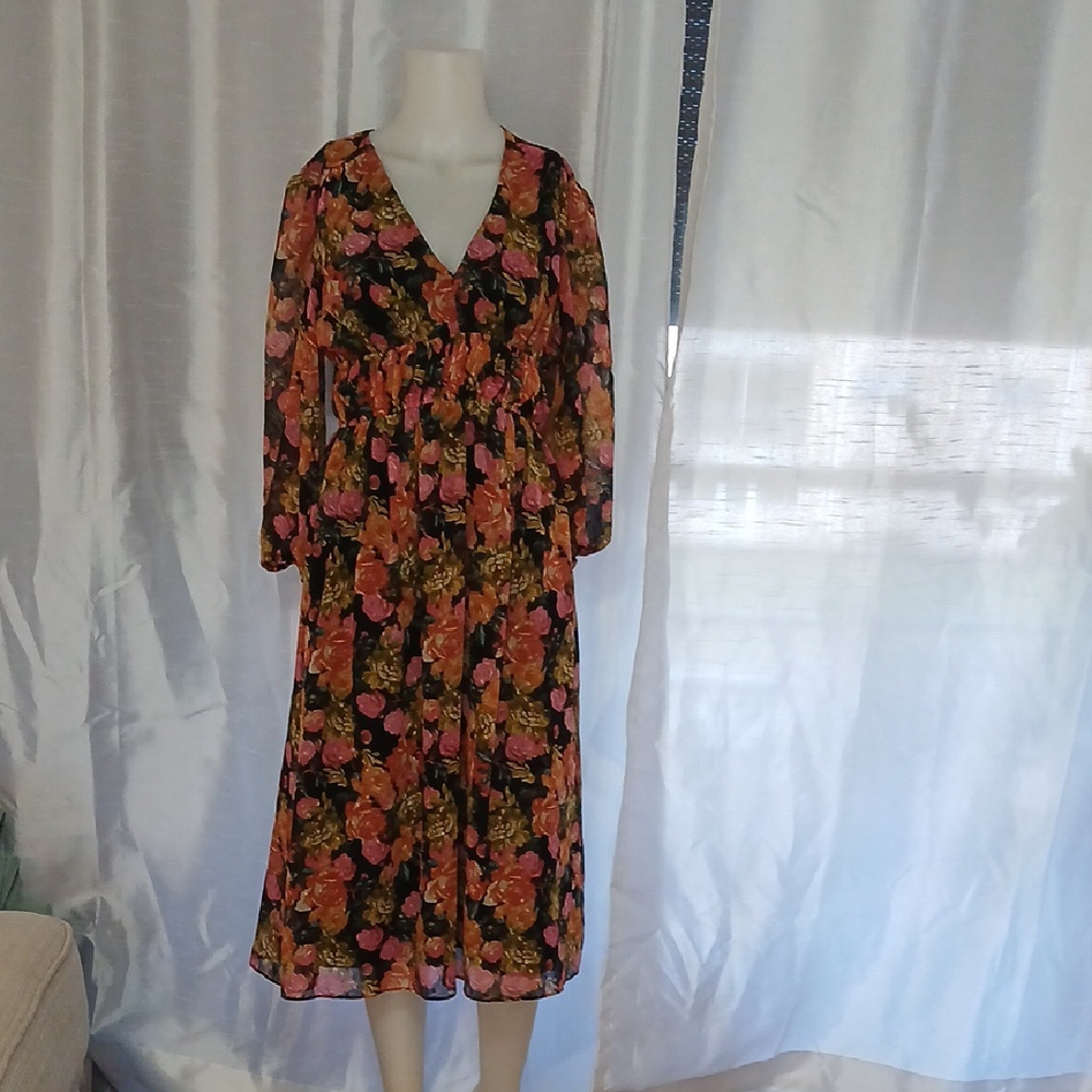 Orange and Black Pleated Sundress with Bishop Sleeves